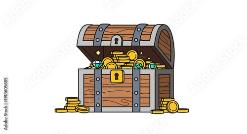 Open Treasure Chest Filled With Gold Coins and Jewels, Overflowing Wealth