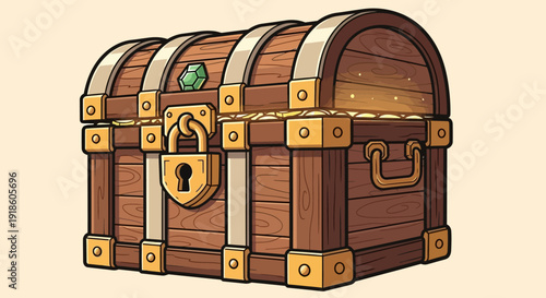 Treasure Chest with Gold Coins and Emerald, Locked, Cartoon Style