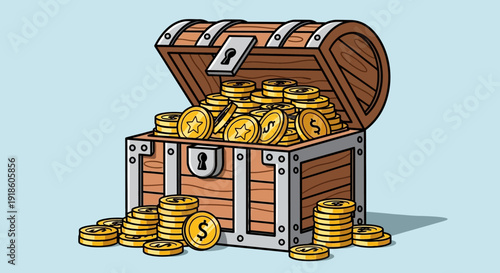 Open Treasure Chest Overflowing with Gold Coins, Vector Illustration