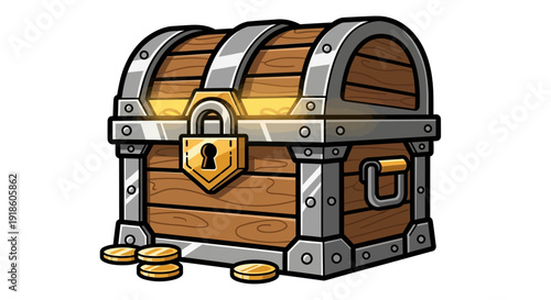 Treasure Chest with Lock and Gold Coins - Cartoon Illustration