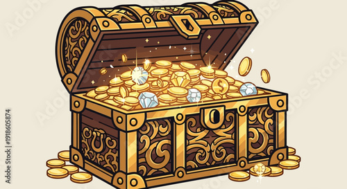 Open Treasure Chest Filled with Gold Coins and Diamonds, Overflowing Riches