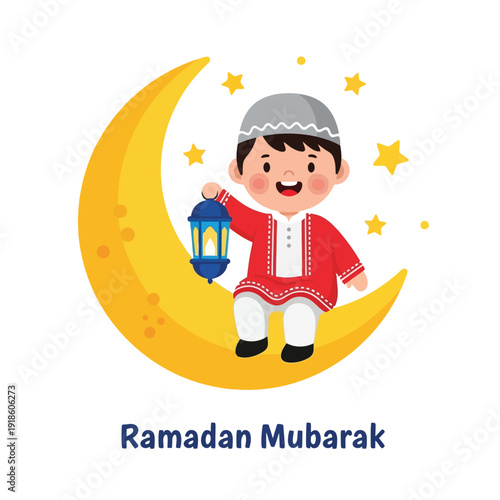 Cute Boy Sitting on Moon Holding Lantern Ramadan Mubarak