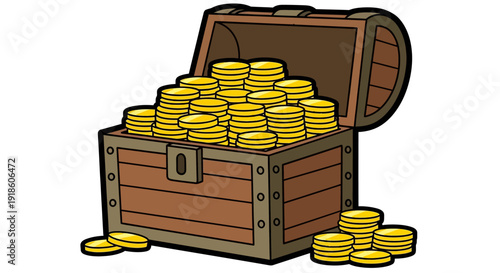 Open Treasure Chest Full of Gold Coins, Cartoon Illustration