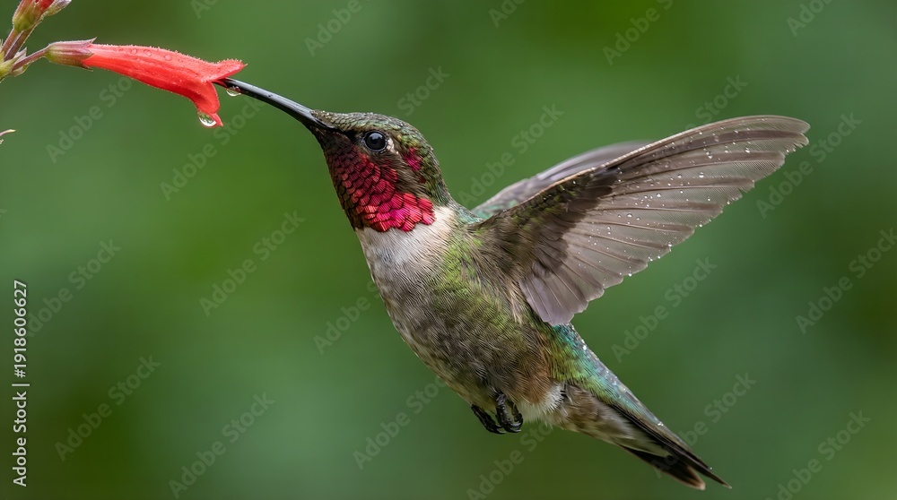 Fototapeta premium Close Up of a Hummingbird Hovering and Feeding on a Red Tubular Flower