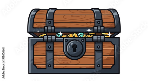 Open Treasure Chest Filled with Gold Coins and Gems
