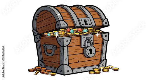 Open Treasure Chest Filled with Gold Coins and Jewels, Cartoon Style, Isolated