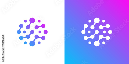 Dual meaning logo combining dot and molecule connection elements, symbolizing networking, scientific innovation, collaboration, and interconnected digital systems.