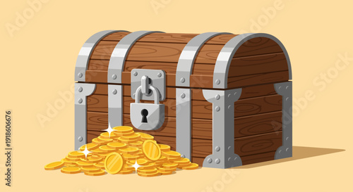 Wooden Treasure Chest with Gold Coins and Lock