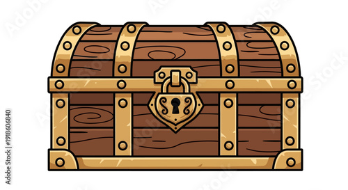 Antique Wooden Treasure Chest with Golden Lock - Illustration