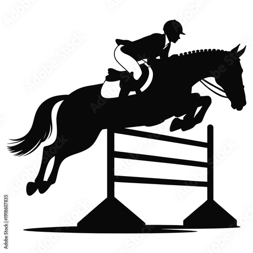 Equestrian sport silhouette horse and rider jumping over obstacle fence in show jumping competition vector illustration isolated black graphic design element