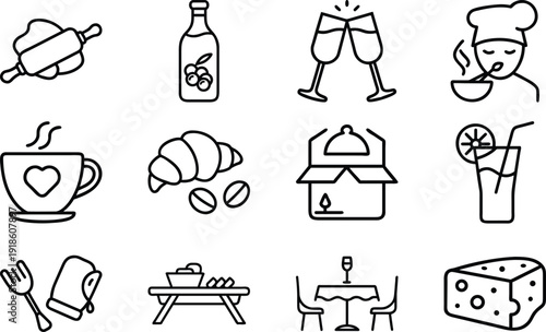 Cartoon vector illustration of a food and drink icon set featuring black doodle sketch symbols and drawing art for a shopping sign design