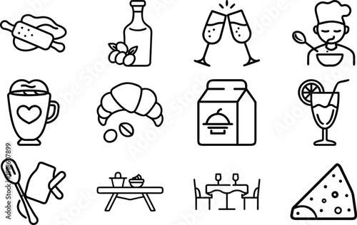 Cartoon vector illustration of a food and drink icon set featuring black doodle sketch symbols and drawing art for a shopping sign design
