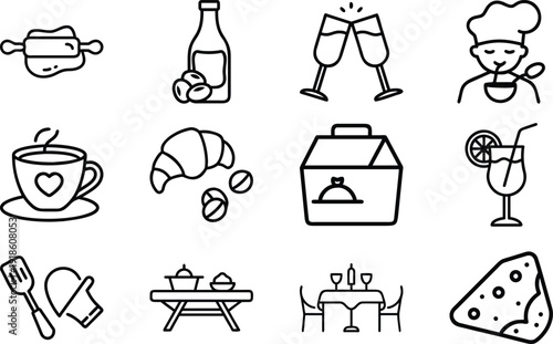 Cartoon vector illustration of a food and drink icon set featuring black doodle sketch symbols and drawing art for a shopping sign design