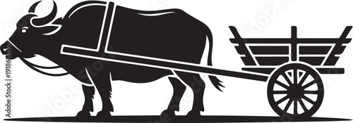 Black silhouette of a buffalo pulling a wooden cart on white background