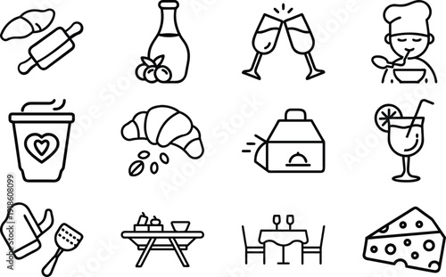 A set of cartoon vector icons and hand-drawn sketches featuring food symbols, fashion illustrations, and people silhouettes for a creative doodle art coloring book design