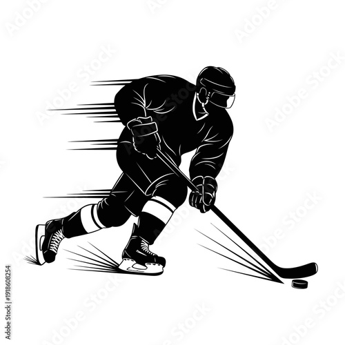 Black and White Ice Hockey Player Silhouette Vector on White Background