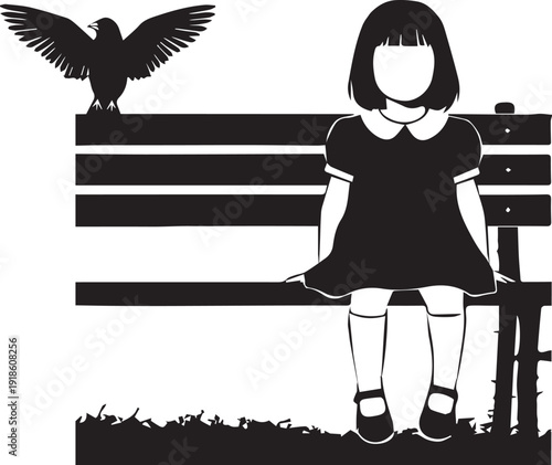 Silhouette of a Little Girl Sitting on a Park Bench with a Crow or Raven Symbolising Loneliness and Mystery