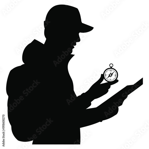 Outdoor hiker silhouette holding compass and map planning navigation route for mountain trekking adventure travel with backpack and hat isolated on transparent background vector