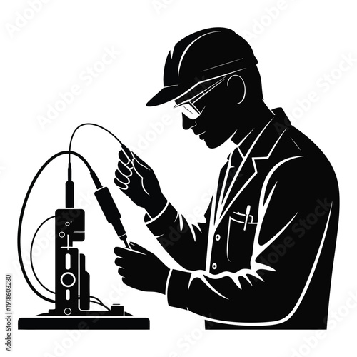 Silhouette engineer wearing hard hat and safety glasses tests device using handheld probe connected to external equipment for industrial quality control or research