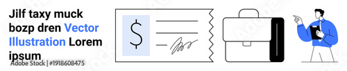 Small business tools, personal finance, payment systems, office management, entrepreneurship, accounting. A receipt, a briefcase and a person holding a clipboard. Personal finance and payment