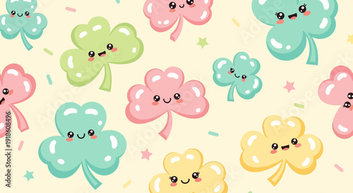 Charming Pastel Shamrock Seamless Pattern Adorable Kawaii Clover Illustrations for Festive Designs