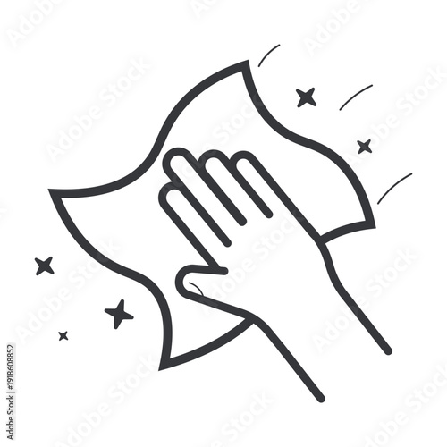 Isolated outline pictogram of hand wiping surface with cloth symbolizing cleaning hygiene sanitation maintenance household service