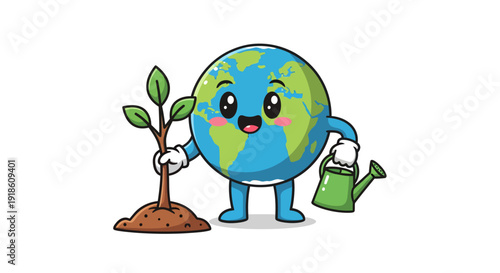 Happy cartoon Earth character planting a sapling with a watering can