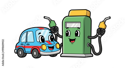 Happy Cartoon Blue Car and Green Gas Pump Characters Illustration