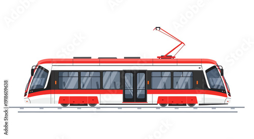 Modern Red and White Electric Tram on Tracks