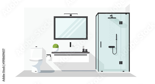 Modern minimalist bathroom interior illustration with a glass shower, floating vanity, and toilet.
