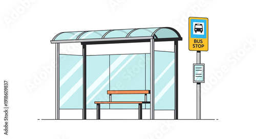 Modern Bus Stop Shelter with Sign and Bench
