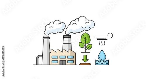 Line art icons of industrial pollution, plant, wind, and water for environmental themes.