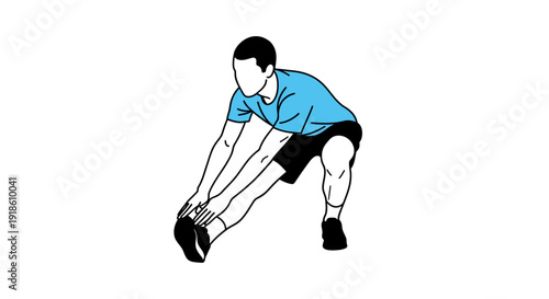 Man in blue shirt stretching leg, touching toes for fitness exercise