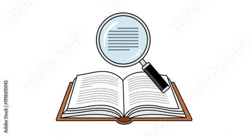 Magnifying glass hovering over an open book, symbolizing research, study, and analysis.