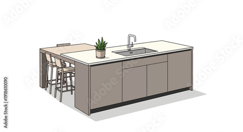 Kitchen Island with Sink, Plant, and Bar Seating Illustration
