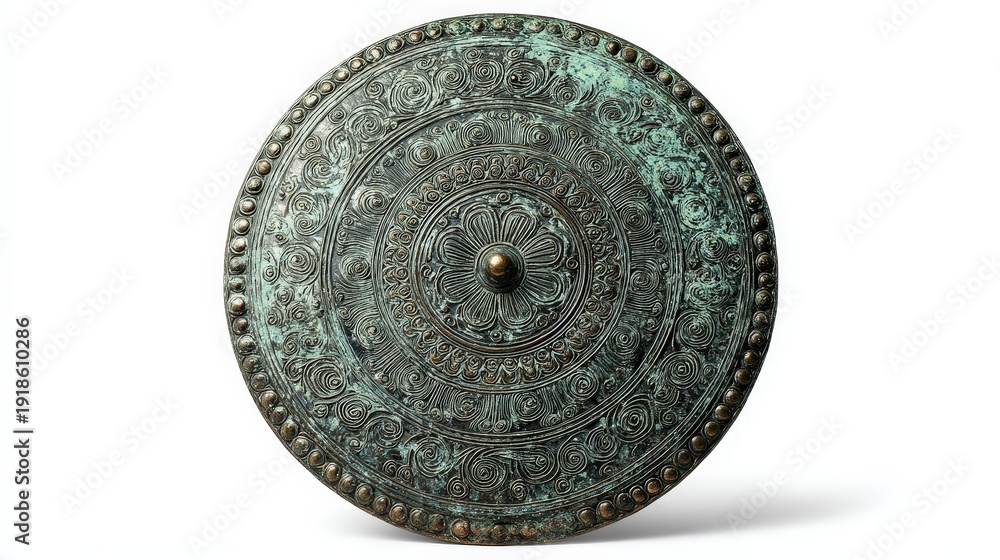 Fototapeta premium Etruscan bronze mirror with etching isolated on white background