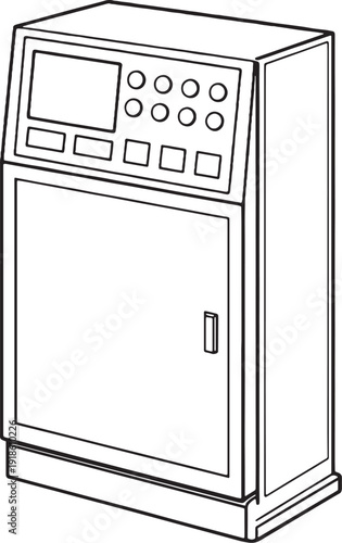 Black and White Industrial Control Cabinet Line Art Illustration