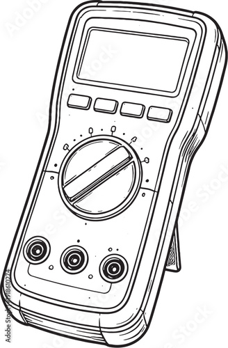 Black and White Handheld Digital Multimeter Line Art Illustration