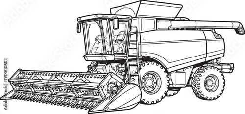 Black and White Combine Harvester Line Art Detailed Side View