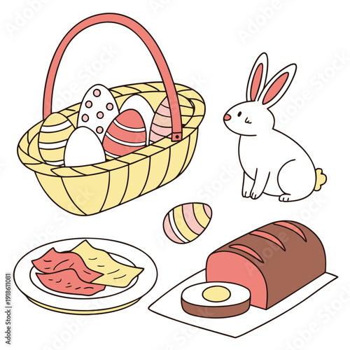 Festive Easter Brunch Illustration with Traditional Food and Table Settings, Flat Vector Isolated Design for Holiday Menu and Dining Invitations