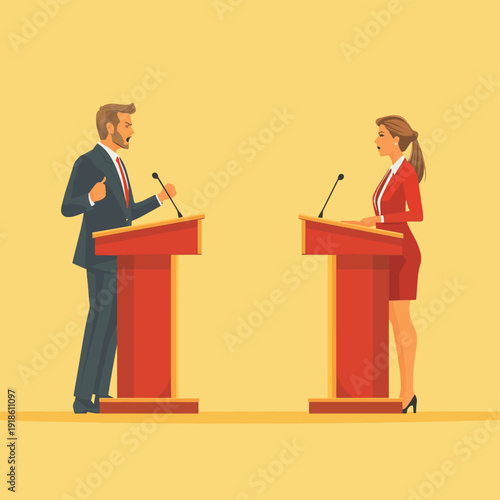 Heated public debate between a furious man and a determined woman, expressing strong disagreement and conflict from podiums in a formal assembly setting , vector style simple color