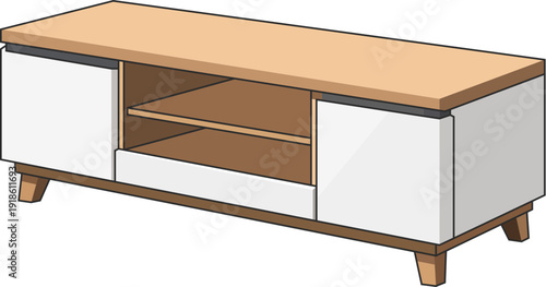 [Shadow version] Modern Wooden TV Stand Illustration with White Cabinets and Open Shelving for Living Room Interior Design