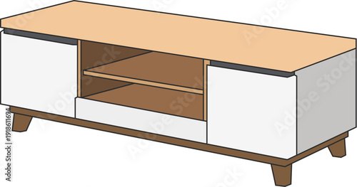 Modern Wooden TV Stand Illustration with White Cabinets and Open Shelving for Living Room Interior Design