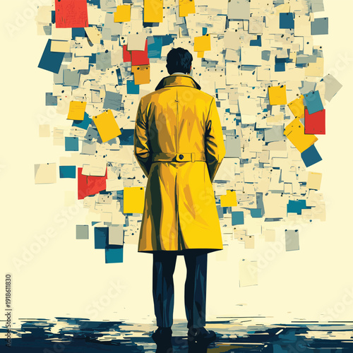 A thoughtful detective in a yellow trench coat stands before a mind map of sticky notes, contemplating clue , vector style simple color