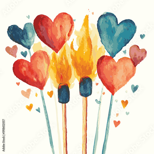 A warm watercolor illustration of two burning matches surrounded by vibrant heart shapes, perfect for a romantic Valentines Day celebration , vector style simple color