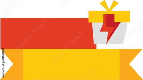 gift box with lightning bolt and overlapping ribbon banners in festive promotional illustration