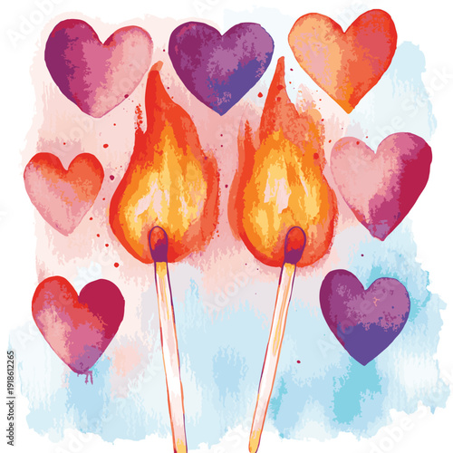 A warm watercolor illustration of two burning matches surrounded by vibrant heart shapes, perfect for a romantic Valentines Day celebration , vector style simple color