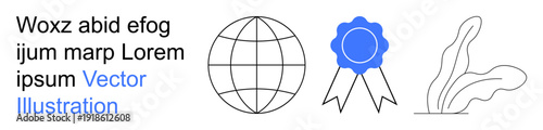 Branding, education, global recognition, certification, creativity, eco-friendly design. Minimalist globe, badge and leaf illustration. Branding and education concepts for modern visuals