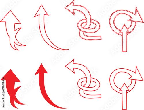 Red and outline arrow with unique flared tips, loops, and circular arrangements for directional concepts