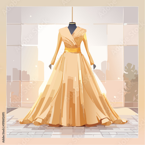 Elegant long-sleeved yellow evening gown on mannequin in modern interior.